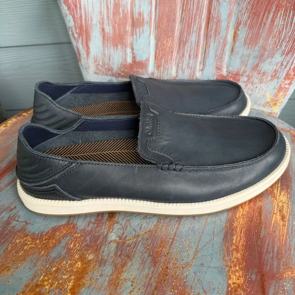 OluKai Kākaha Nia Men's Leather Slip On Loafers Mood Indigo Blue Size 13